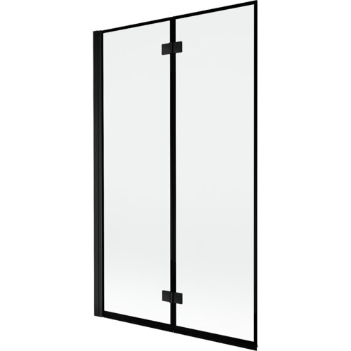 Dwuskrzydłowy parawan nawannowy z czarną ramką, wykonany z przezroczystego szkła, z widocznymi zawiasami pośrodku. Produkt ma prosty, nowoczesny design i jest przeznaczony do montażu na wannie.