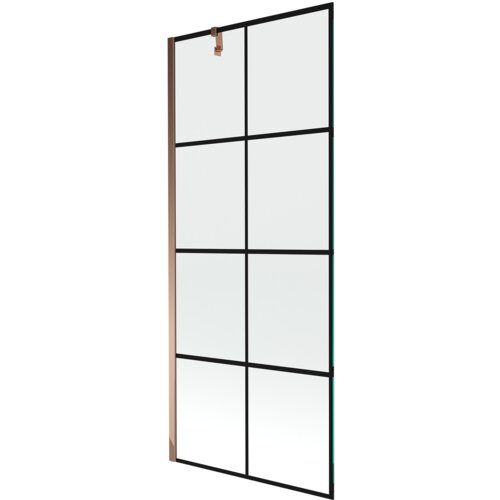 Jednoskrzydłowy parawan nawannowy o wymiarach 80 x 150 cm z czarną kratką i wykończeniem w kolorze różowego złota. Produkt ma prostokątny kształt i jest wykonany z przezroczystego materiału.