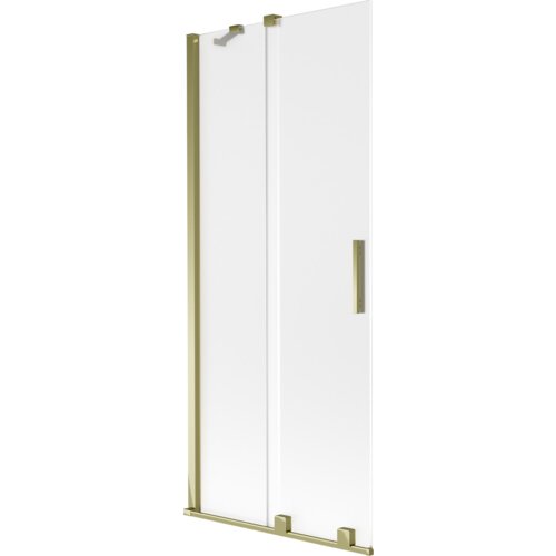 Dwuskrzydłowy, rozsuwany parawan nawannowy o wymiarach 80 x 150 cm, wykonany z szronionego szkła z elementami w złotym kolorze, w tym uchwyt i ramy. Produkt ma prosty, nowoczesny design z gładką powierzchnią i minimalistycznymi detalami.