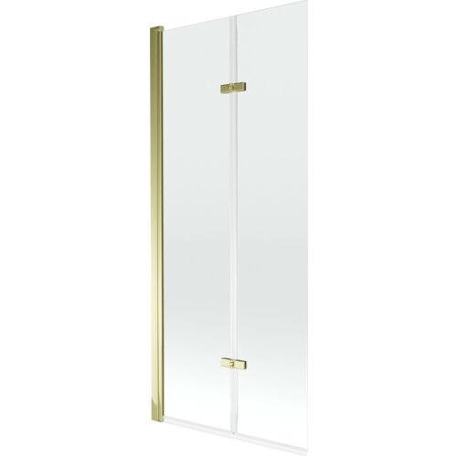 Przezroczysty, dwuskrzydłowy parawan nawannowy o złotych elementach montażowych. Produkt ma prosty, nowoczesny design z gładką powierzchnią szkła.