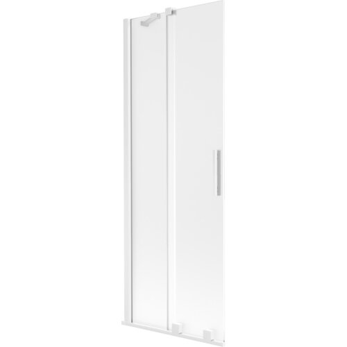 Dwuskrzydłowy, rozsuwany parawan nawannowy w kolorze białym z matowym wykończeniem, o wymiarach 70 x 150 cm. Produkt posiada prostokątną, pionową rączkę oraz metalowe elementy mocujące.