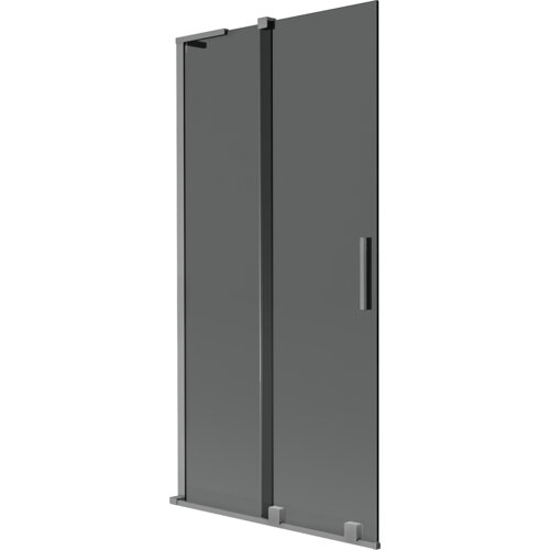 Dwuskrzydłowy, rozsuwany parawan nawannowy w kolorze grafitowym z metalicznym wykończeniem, posiada prostokątną rączkę i mocowania w kolorze gun metal. Produkt ma wymiary 90 x 150 cm.