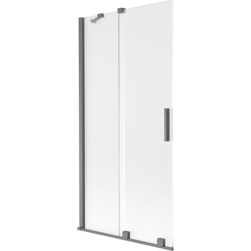 Dwuskrzydłowy, rozsuwany parawan nawannowy o wymiarach 90 x 150 cm, wykonany z matowego szkła z szarymi, szczotkowanymi elementami. Produkt ma prostokątny kształt z metalowymi uchwytami i mocowaniami.