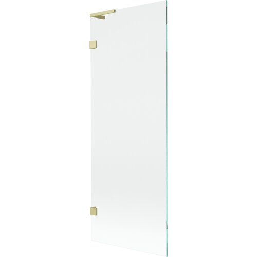 Przezroczysty parawan nawannowy z jednym skrzydłem, o wymiarach 70 x 150 cm, z elementami w kolorze złotym szczotkowanym. Produkt ma prostą, nowoczesną formę z widocznymi złotymi zawiasami.