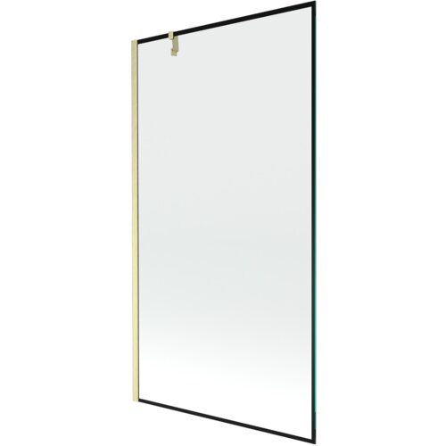 Przesłane zdjęcie przedstawia jednoskrzydłowy parawan nawannowy o wymiarach 100 x 150 cm z czarną ramką i złotym, szczotkowanym wykończeniem. Produkt ma prostą, nowoczesną konstrukcję z przezroczystym szkłem.