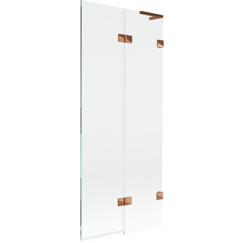 Dwuskrzydłowy parawan nawannowy o transparentnej powierzchni z elementami w kolorze różowego złota. Produkt ma prosty, nowoczesny design z metalowymi zawiasami.