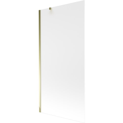 Na zdjęciu znajduje się szklany parawan nawannowy z jednym skrzydłem, o matowej powierzchni i złotych elementach montażowych. Produkt ma wymiary 90 x 150 cm.