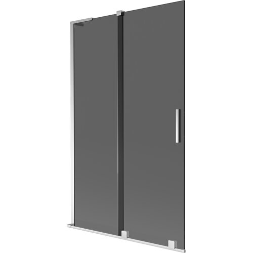 Dwuskrzydłowy, rozsuwany parawan nawannowy w kolorze grafitowym z chromowanymi elementami, o wymiarach 110 x 150 cm. Produkt ma prosty, nowoczesny design z metalowym uchwytem na jednym ze skrzydeł.