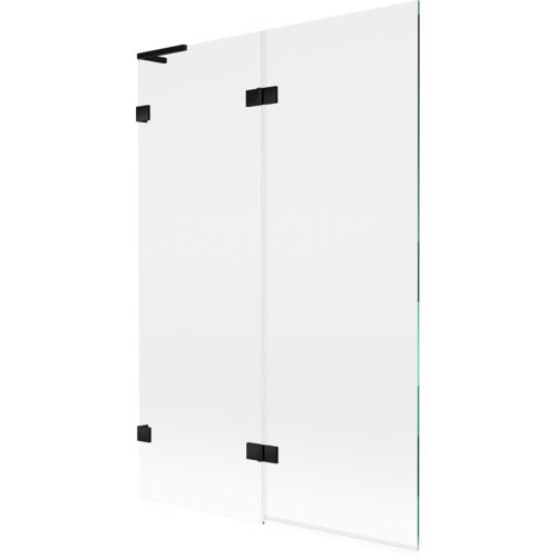 Dwuskrzydłowy, transparentny parawan nawannowy z czarnymi zawiasami i uchwytami, wykonany ze szkła, o prostokątnym kształcie. Produkt ma minimalistyczny design i jest przeznaczony do montażu na wannie.