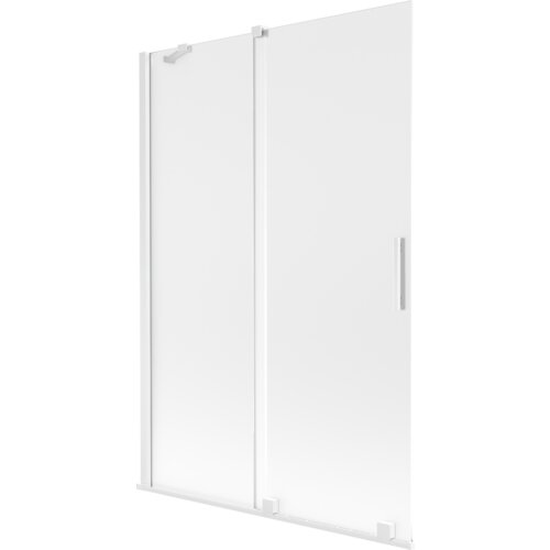 Dwuskrzydłowy, rozsuwany parawan nawannowy w kolorze białym z matowym wykończeniem, o wymiarach 120 x 150 cm, z widocznymi uchwytami i elementami montażowymi. Produkt ma prosty, nowoczesny design z gładką powierzchnią.