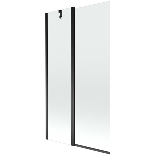 Dwuskrzydłowy parawan nawannowy o wymiarach 100 x 150 cm, wykonany z przezroczystego szkła z czarnymi ramami. Produkt ma prosty, nowoczesny design z widocznym uchwytem na górze.