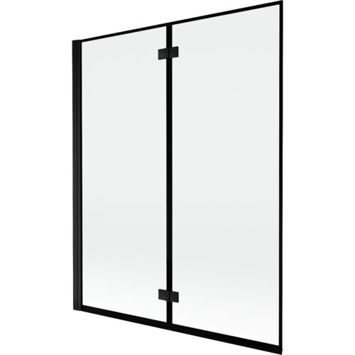Dwuskrzydłowy parawan nawannowy z czarną ramką, wykonany z przezroczystego szkła, z widocznymi zawiasami. Produkt ma prosty, nowoczesny design.