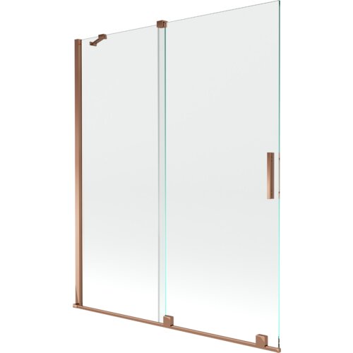 Przesłane zdjęcie przedstawia dwuskrzydłowy, rozsuwany parawan nawannowy o wymiarach 140 x 150 cm, wykonany z przezroczystego szkła z elementami w kolorze różowego złota. Produkt ma prostą, nowoczesną konstrukcję z metalowymi uchwytami i mocowaniami.