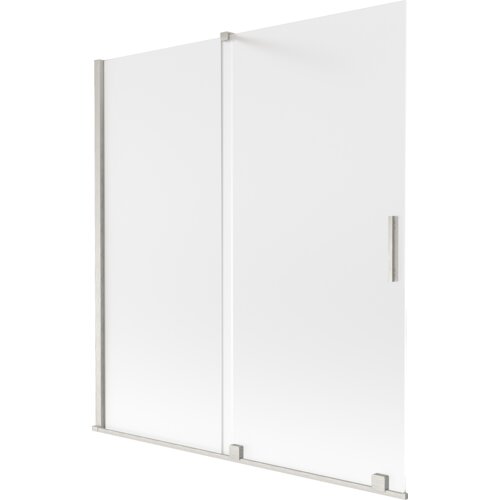 Dwuskrzydłowy, rozsuwany parawan nawannowy o wymiarach 150 x 150 cm, wykonany z matowego szkła i wykończony szczotkowanym niklem, z prostokątnym uchwytem na jednym ze skrzydeł. Produkt ma minimalistyczny design z metalowymi elementami montażowymi.