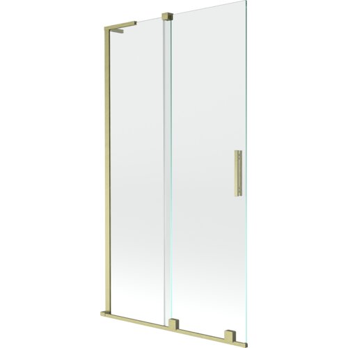 Dwuskrzydłowy, rozsuwany parawan nawannowy o wymiarach 100 x 150 cm, wykonany z transparentnego szkła z elementami w kolorze złotym szczotkowanym. Produkt posiada prostokątną, pionową rączkę oraz metalowe ramy i uchwyty.