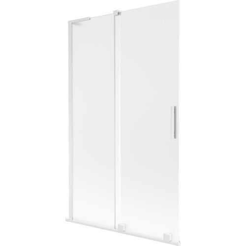 Dwuskrzydłowy, rozsuwany parawan nawannowy w kolorze białym z matowym wykończeniem, o wymiarach 110 x 150 cm. Produkt posiada prostokątną, metalową rączkę oraz minimalistyczny design.