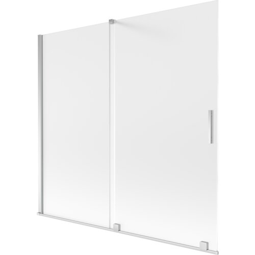 Dwuskrzydłowy, rozsuwany parawan nawannowy o wymiarach 170 x 150 cm, wykonany z matowego szkła z chromowanymi elementami. Na jednym ze skrzydeł znajduje się prostokątny uchwyt.