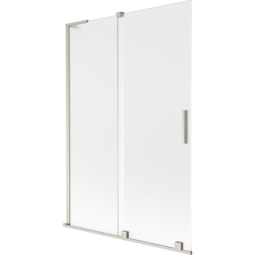 Dwuskrzydłowy, rozsuwany parawan nawannowy o wymiarach 120 x 150 cm, wykonany z matowego szkła i wykończony w szczotkowanym niklu. Produkt ma prostokątną formę z metalowymi elementami konstrukcyjnymi i uchwytem.