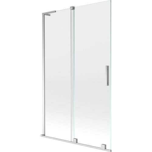 Dwuskrzydłowy, rozsuwany parawan nawannowy o wymiarach 110 x 150 cm, wykonany z przezroczystego szkła i chromowanych elementów. Produkt ma prostokątny uchwyt i metalowe ramy.