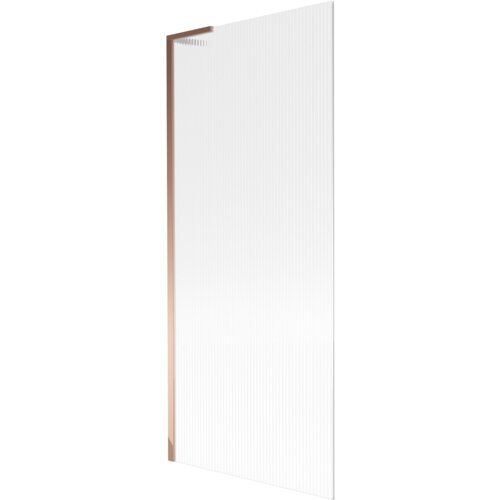 Przesłane zdjęcie przedstawia jednoskrzydłowy parawan nawannowy o wymiarach 80 x 150 cm z prążkowaną powierzchnią i wykończeniem w kolorze różowego złota. Produkt ma prostą, elegancką konstrukcję z pionowymi liniami na szklanej powierzchni.
