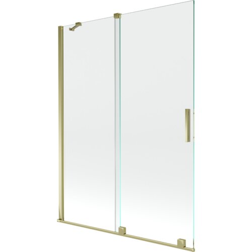 Dwuskrzydłowy, rozsuwany parawan nawannowy o wymiarach 130 x 150 cm, wykonany z transparentnego szkła z elementami w złotym kolorze. Produkt posiada prostokątną, złotą rączkę oraz złote mocowania.