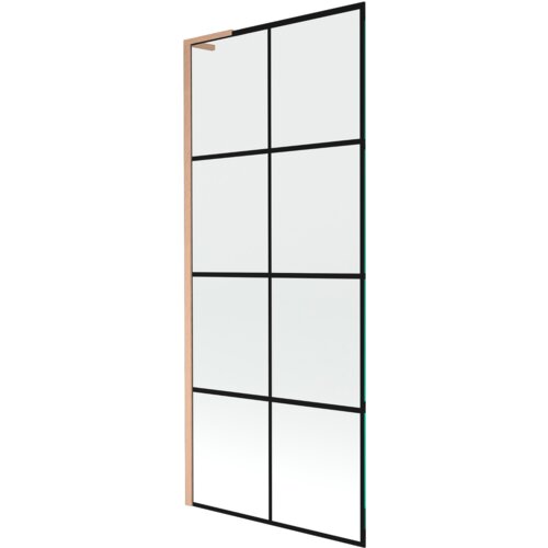 Jednoskrzydłowy parawan nawannowy o wymiarach 80 x 150 cm z czarną kratką i ramą w kolorze miedzi szczotkowanej. Produkt ma prostokątny kształt i jest podzielony na osiem równych sekcji przez czarne linie.