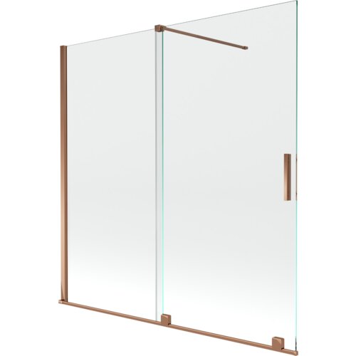 Dwuskrzydłowy, rozsuwany parawan nawannowy o wymiarach 160 x 150 cm, wykonany z przezroczystego szkła, z elementami w kolorze różowego złota. Produkt posiada prostokątną, metalową rączkę oraz stabilizujące mocowania.