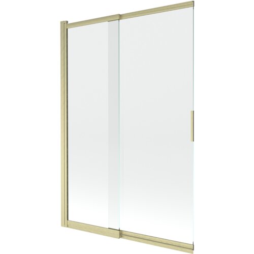 Dwuskrzydłowy, przesuwny parawan nawannowy o wymiarach 120 x 150 cm, wykonany z transparentnego szkła, z ramą w kolorze złotym szczotkowanym. Produkt ma prosty, nowoczesny design z pionowym uchwytem na jednym ze skrzydeł.