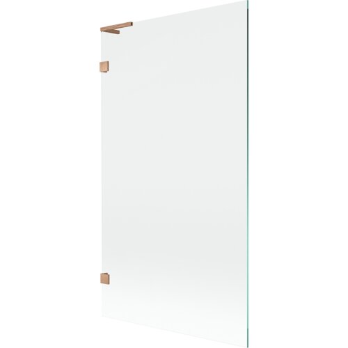 Przezroczysty parawan nawannowy z jednym skrzydłem, wykonany ze szkła, z elementami w kolorze miedzi szczotkowanej. Produkt ma prostokątny kształt i minimalistyczny design.
