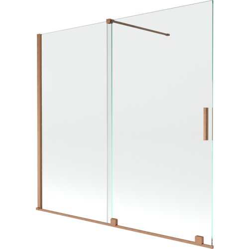 Dwuskrzydłowy, rozsuwany parawan nawannowy o wymiarach 170 x 150 cm, wykonany z przezroczystego szkła, z elementami w kolorze szczotkowanej miedzi. Produkt posiada prostokątną, metalową rączkę oraz wspornik stabilizujący.
