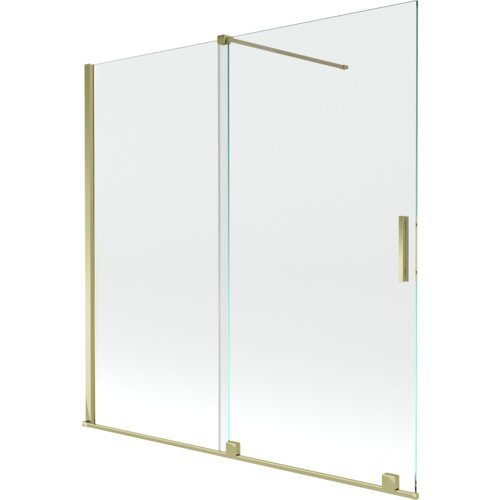 Przesłany obraz przedstawia dwuskrzydłowy, rozsuwany parawan nawannowy o wymiarach 160 x 150 cm, wykonany z przezroczystego szkła z elementami w kolorze złotym. Produkt ma prostą konstrukcję z pionowymi i poziomymi złotymi ramkami oraz uchwytem.