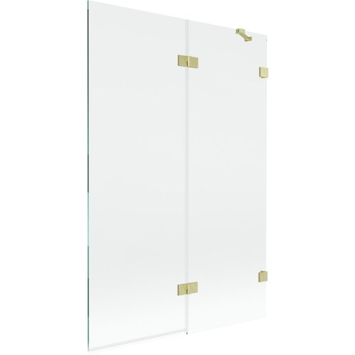 Dwuskrzydłowy parawan nawannowy o wymiarach 120 x 150 cm, wykonany z transparentnego szkła, z elementami w kolorze złotym szczotkowanym. Produkt ma prostą, nowoczesną konstrukcję z widocznymi metalowymi zawiasami.