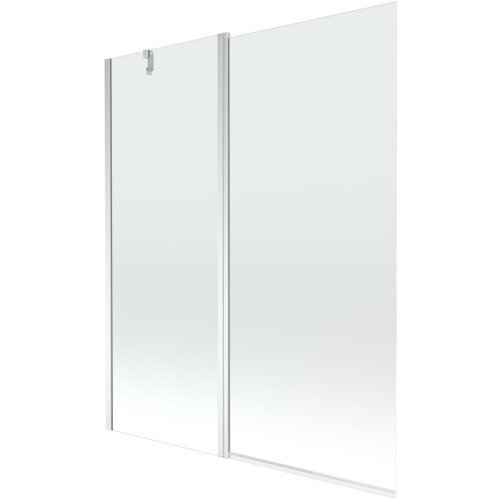 Dwuskrzydłowy parawan nawannowy o wymiarach 140 x 150 cm, wykonany z przezroczystego szkła z chromowanymi elementami. Produkt ma prosty, nowoczesny design z widocznym uchwytem na górnej krawędzi.