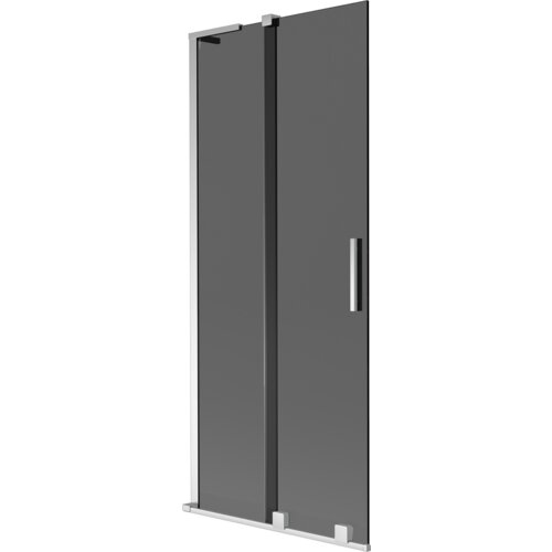 Dwuskrzydłowy, rozsuwany parawan nawannowy w kolorze grafitowym z chromowanymi elementami, posiada prostokątną, metalową rączkę. Produkt ma nowoczesny design i jest przeznaczony do montażu na wannie.