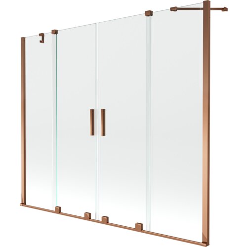 Przeszklony parawan nawannowy z dwoma skrzydłami, wykonany z transparentnego szkła, z ramą i uchwytami w kolorze różowego złota. Produkt ma prosty, nowoczesny design z widocznymi elementami montażowymi.