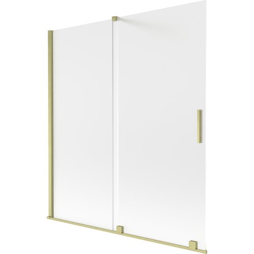 Dwuskrzydłowy, rozsuwany parawan nawannowy o wymiarach 150 x 150 cm, wykonany z matowego szkła z elementami w kolorze złotym szczotkowanym. Produkt ma prostokątny kształt z uchwytem na jednym ze skrzydeł.