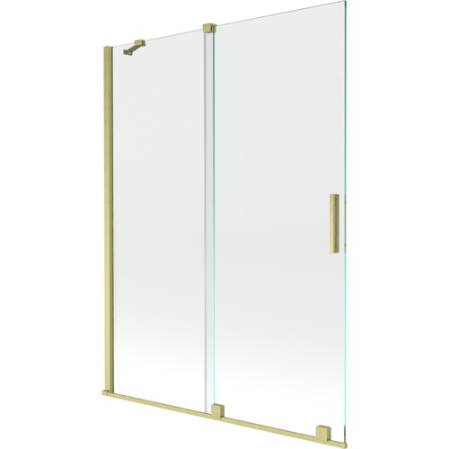 Przesłane zdjęcie przedstawia dwuskrzydłowy, rozsuwany parawan nawannowy o wymiarach 130 x 150 cm, wykonany z transparentnego szkła z elementami w kolorze złotym szczotkowanym. Produkt ma prostą, nowoczesną konstrukcję z pionowymi uchwytami i metalowymi elementami mocującymi.