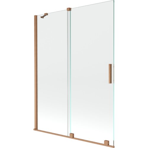 Dwuskrzydłowy, rozsuwany parawan nawannowy o wymiarach 130 x 150 cm, wykonany z przezroczystego szkła z elementami w kolorze szczotkowanej miedzi. Produkt ma prostą konstrukcję z pionowymi i poziomymi metalowymi elementami oraz uchwytem.