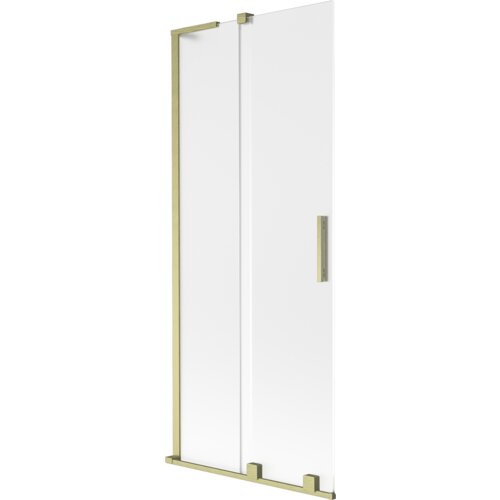 Dwuskrzydłowy parawan nawannowy o wymiarach 80 x 150 cm, wykonany z matowego szkła z ramą i uchwytem w kolorze złotym szczotkowanym. Produkt ma prosty, nowoczesny design z widocznymi elementami montażowymi.
