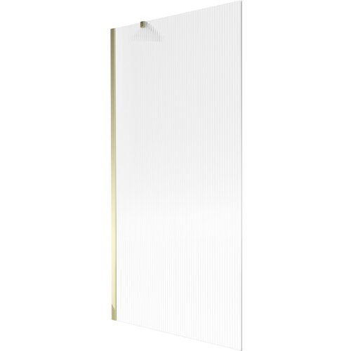 Przesłany obraz przedstawia jednoskrzydłowy parawan nawannowy o wymiarach 90 x 150 cm z prążkowaną powierzchnią i złotymi elementami wykończenia. Produkt jest oznaczony jako "Mexen Next parawan nawannowy 1-skrzydłowy 90 x 150 cm, prążki, złoty - 895-090-000-00-09-50".
