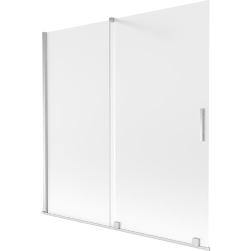 Dwuskrzydłowy, rozsuwany parawan nawannowy o wymiarach 160 x 150 cm, wykonany z matowego szkła z chromowanymi elementami, w tym uchwytem i ramą. Produkt ma prosty, nowoczesny design z gładką powierzchnią.
