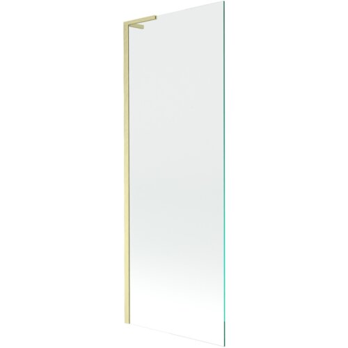 Przedstawiony jest przezroczysty parawan nawannowy z jednym skrzydłem, o złotym szczotkowanym wykończeniu. Produkt ma wymiary 70 x 150 cm.