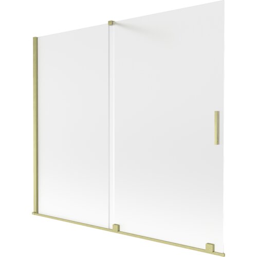 Dwuskrzydłowy parawan nawannowy o wymiarach 180 x 150 cm, wykonany z matowego szkła, z elementami w kolorze złotym szczotkowanym. Produkt ma prostokątny kształt i posiada uchwyt w tym samym złotym wykończeniu.