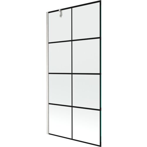 Szklany parawan nawannowy z czarną kratką, o wymiarach 90 x 150 cm, z elementami w kolorze niklu szczotkowanego. Produkt posiada metalowy uchwyt na górze.
