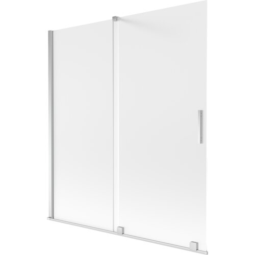 Dwuskrzydłowy, rozsuwany parawan nawannowy o wymiarach 150 x 150 cm, wykonany z matowego szkła z chromowanymi elementami. Produkt posiada prostokątny uchwyt na jednym ze skrzydeł.