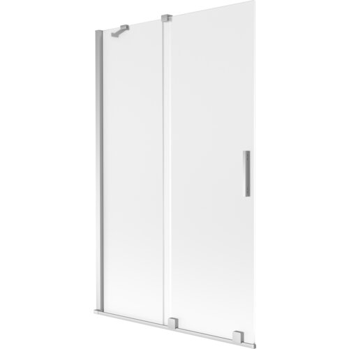 Dwuskrzydłowy, rozsuwany parawan nawannowy o wymiarach 110 x 150 cm, wykonany z matowego szkła z chromowanymi elementami mocującymi i uchwytem. Produkt ma prosty, nowoczesny design z gładką powierzchnią.
