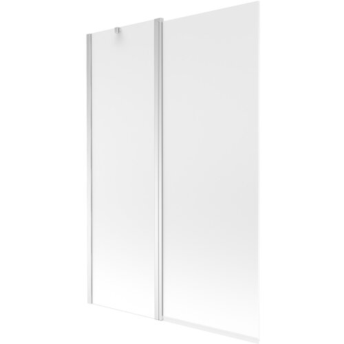 Dwuskrzydłowy parawan nawannowy o wymiarach 120 x 150 cm, wykonany z matowego szkła z chromowanymi elementami. Produkt ma prosty, nowoczesny design z widocznymi metalowymi profilami.
