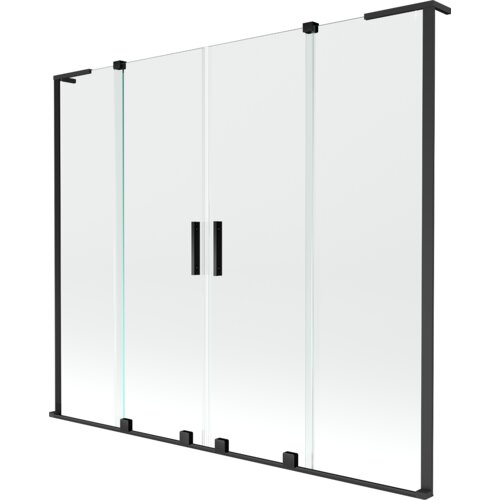Przesłane zdjęcie przedstawia przezroczysty, dwuskrzydłowy parawan nawannowy z czarnymi ramami i uchwytami. Produkt ma prosty, nowoczesny design z czterema panelami i jest oznaczony jako "Mexen Velar L Duo parawan nawannowy 2-skrzydłowy rozsuwany 180 x 150 cm, transparent, czarny - 896-180-003-02-70".