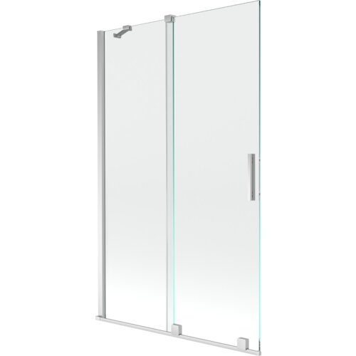 Przesłane zdjęcie przedstawia dwuskrzydłowy, rozsuwany parawan nawannowy o wymiarach 110 x 150 cm, wykonany z przezroczystego szkła z chromowanymi elementami. Produkt ma prosty, nowoczesny design z metalowymi uchwytami i mocowaniami.