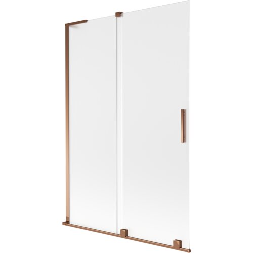 Dwuskrzydłowy, rozsuwany parawan nawannowy o wymiarach 120 x 150 cm, wykonany z matowego szkła, z elementami w kolorze różowego złota. Produkt ma prostokątny kształt i wyposażony jest w pionowy uchwyt.